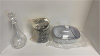 (2) FoodSaver containers in packages, (1) glass