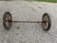 FORD MODEL A OR T FRONT AXLE WITH WOOD WHEELS &