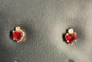 10K Gold Stud Red Heart & Diamond Earrings