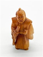 Hand Carved Wood Netsuke w Mark - Samurai w Swords