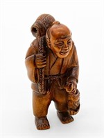 Hand Carved Wood Netsuke w Mark - Samurai w Jugs