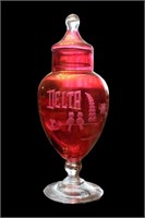 Etched Cranberry Glass Lidded Compote
