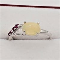 STERLING SILVER WHITE OPAL & RUBY RING