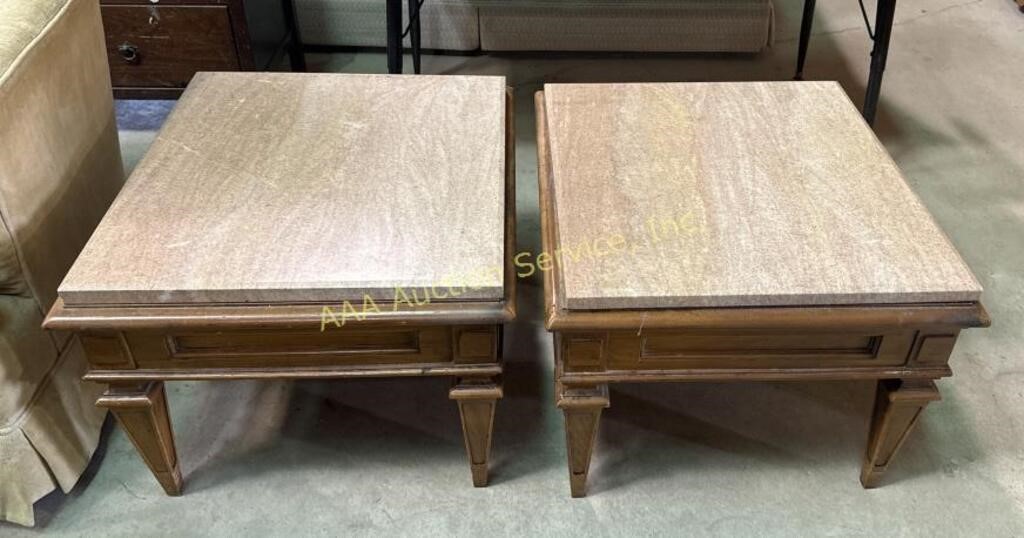 Pair marble top end tables. 17 inches high x