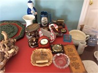 Lot Of Assorted Ash Trays, Clock, Sign, Etc