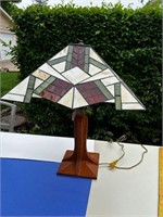 22" Wood based lamp w/ stained glass shade