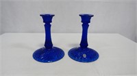 Vintage Fenton Cobalt Blue Swirl Candlesticks