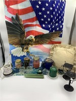 Patriotic decorative flag, pillow, candles, and