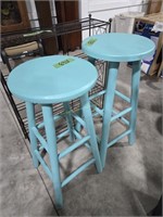 Pair of wooden bar stools and metal plant stand