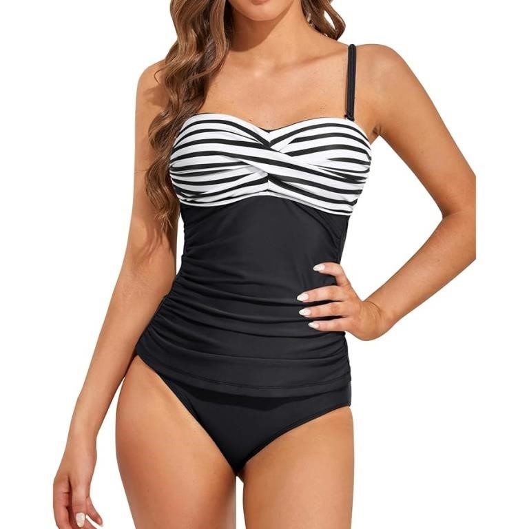 Holipick Women Stripe Black Strapless Tankini