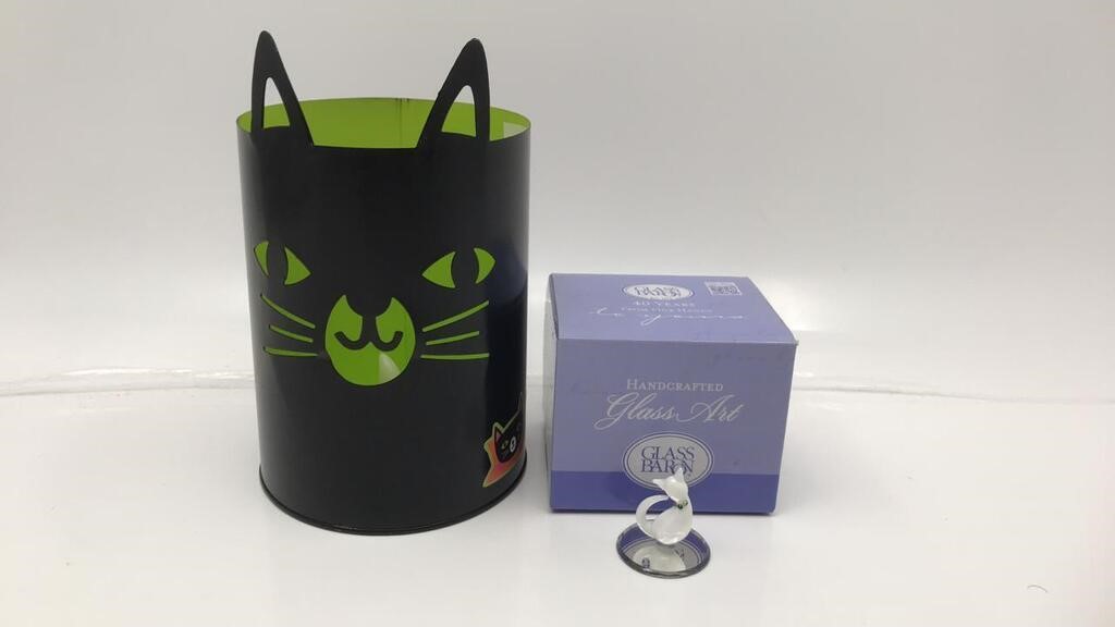Black Cat Candle Holder & Glass Cat Figurine