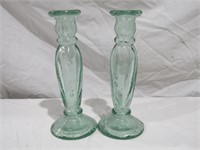2- Georgia Green Glass Candle Holders 9" T