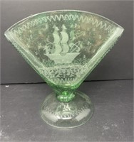 Etched Green Glass Fan Vase