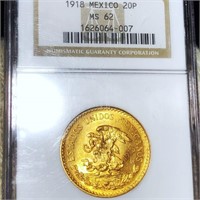 1918 Mexican Gold 20 Pesos NGC - MS62