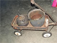 Metal Garden wagon,3 cast iron pots - all used as