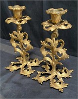 Pair of brass floral candle holders