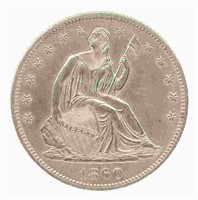 1860 US SEATED LIBERTY 50C SILVER COIN UNC DETAILS