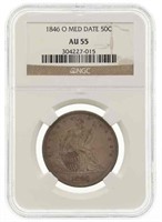 1846-O US MED DATE 50C SEATED SILVER COIN NGC AU55