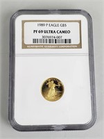 1989 1/10 Ounce Fine Gold Five Dollar Coin.