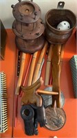 Group lot includes a antique wood thread holder, a