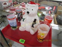 COKE COOKIE JAR AND 4 GLASSES