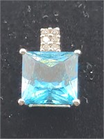 14k White Gold Blue Topaz Diamond Pendent