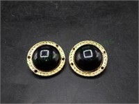 Chanel Signed Gold Tone Black Cabochon Earrings