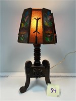 CARVED WOOD MEXICAN LAMP POTTERY STAINED GLASS