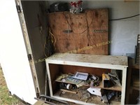 Wood cabinet and work board w/ contents, radio &