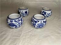 4 Blue/white Bombay tealight holders