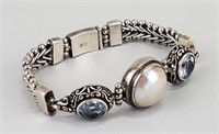 Sterling Silver, Pearl & Blue Gemstone Bracelet.