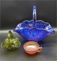 Large Carnival Glass Basket, Cup & Green Amber