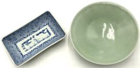 Lot: Asian Green Bowl & Blue & White Dish.