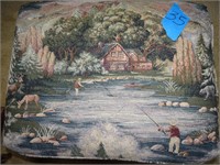 Padded footstool with fishing scenes