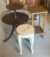 Wood Side Tables & Floral Stool 11.5" x 17"