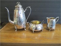 Ornate Silverplate Coffee Pot, Creamer & Sugar