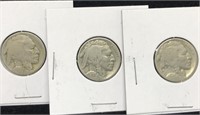 Three Vintage Buffalo Nickel Coins