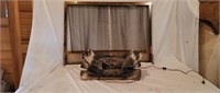 Brass Fireplace Screen with Lighted Faux Logs