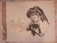 Signed Girl w/ Kitten Sketch
