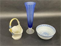 Blue Vase,Porcelain Basket & Chinese Rice Bowl