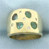 Tsavorite and Diamond Wide Band Ring in 18k Yellow