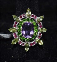 Sterling Silver Ring w/ Amethyst, Rubies,