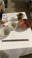 Crock bowls, plastic mixing bowl, candle wick