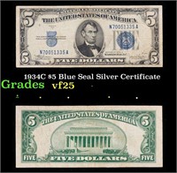 1934C $5 Blue Seal Silver Certificate Grades vf+