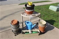 flower pots, corner stand, garden hose