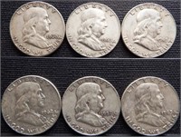 (6) 90% Silver Franklin Half Dollars - Coins