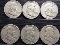 (6) 90% Silver Franklin Half Dollars - Coins