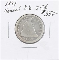 1891 Silver Seated Liberty Quarter