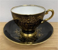 Tuscan Floral Gold & Black Teacup & Saucer England
