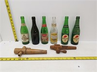 tray lot of old bottles and wood faucets